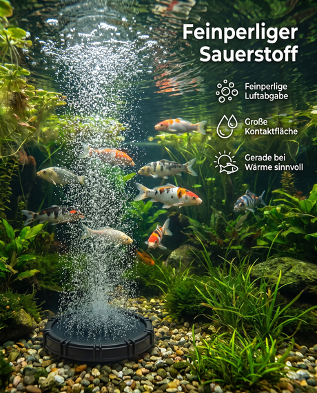 EPDM Membranbelüfter für Koiteich, Gartenteich Zierteich mit feinperliger Luftabgabe, Mikroblasen, Sauerstoffeintrag, Wasserbewegung und gleichmäßiger Teichbelüftung.