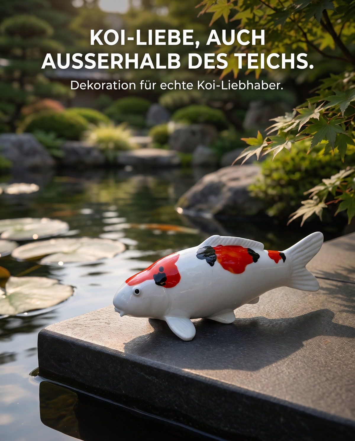 Handbemalte Koi Figur weiß rot schwarz Gartendekoration Teichdekoration japanischer Garten Koi Liebhaber Dekofigur Fischfigur Außenbereich Steinplatte Teichrand Handarbeit