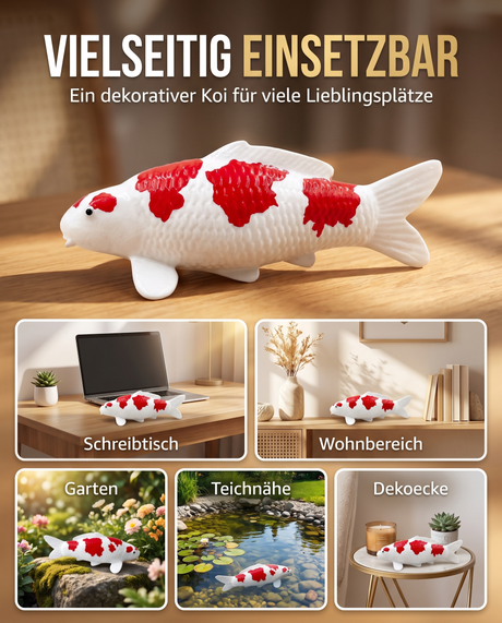 Handbemalte Koi Figur rot weiß dekorative Fischfigur Schreibtisch Wohnbereich Garten Teichnähe Dekoecke Wohnaccessoire Gartendeko Teichdekoration Koi-Deko Handarbeit Blickfang