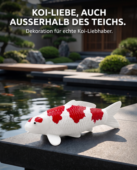 Handbemalte Koi Figur rot weiß Gartendeko Teichrand japanischer Garten Fischfigur Handarbeit Unikat Koi-Deko Teichdekoration Steinplatte Außenbereich Blickfang Dekoration