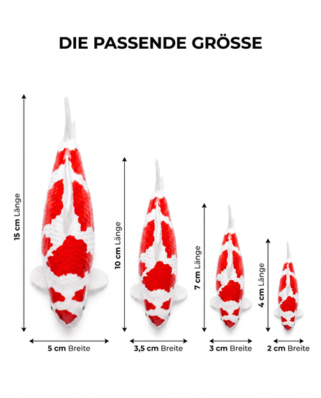 Koi Figur Größenvergleich 15 cm 10 cm 7 cm 4 cm rot weiß handbemalt Fischfigur Maße Größenwahl Handarbeit4