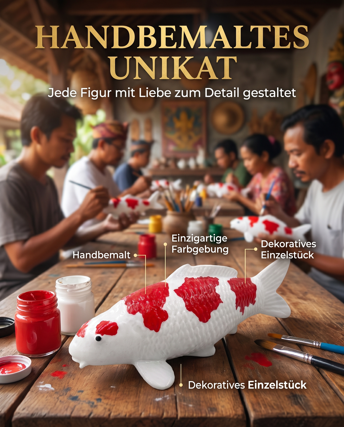 Handbemalte Koi Figur rot weiß Unikat Handarbeit detailreiche Farbgebung Fischfigur Kunsthandwerk Wohnaccessoire Koi-Deko Geschenkidee Einzelstück Atelier Pinsel Bemalung