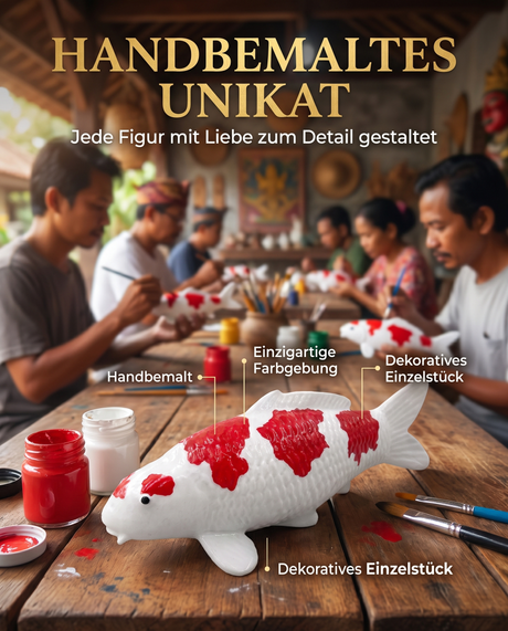 Handbemalte Koi Figur rot weiß Unikat Handarbeit detailreiche Farbgebung Fischfigur Kunsthandwerk Wohnaccessoire Koi-Deko Geschenkidee Einzelstück Atelier Pinsel Bemalung