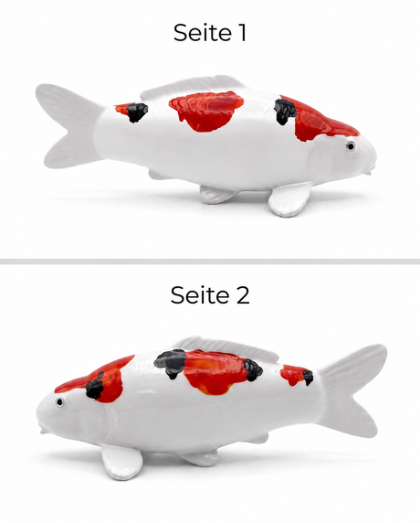 Handbemalte Koi Figur Seitenansichten weiß rot schwarz beidseitige Farbgebung Fischfigur Handarbeit Unikat Dekoration Detailansicht Seitenprofil Rückenflosse Schwanzflosse Koi-Deko