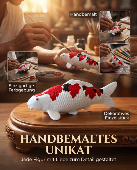 Handbemalte Koi Figur weiß rot schwarz Unikat Handarbeit einzigartige Farbgebung Fischfigur Kunsthandwerk Dekoration Wohnaccessoire Sammlerstück Atelier Detailarbeit Einzelstück