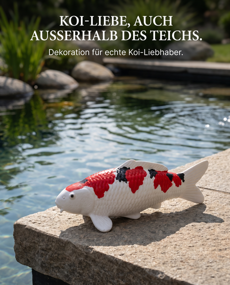 Handbemalte Koi Figur weiß rot schwarz Teichdekoration Gartendeko Teichrand Fischfigur Schuppenstruktur Handarbeit Unikat Koi-Deko Steinplatte Außenbereich Garten Blickfang