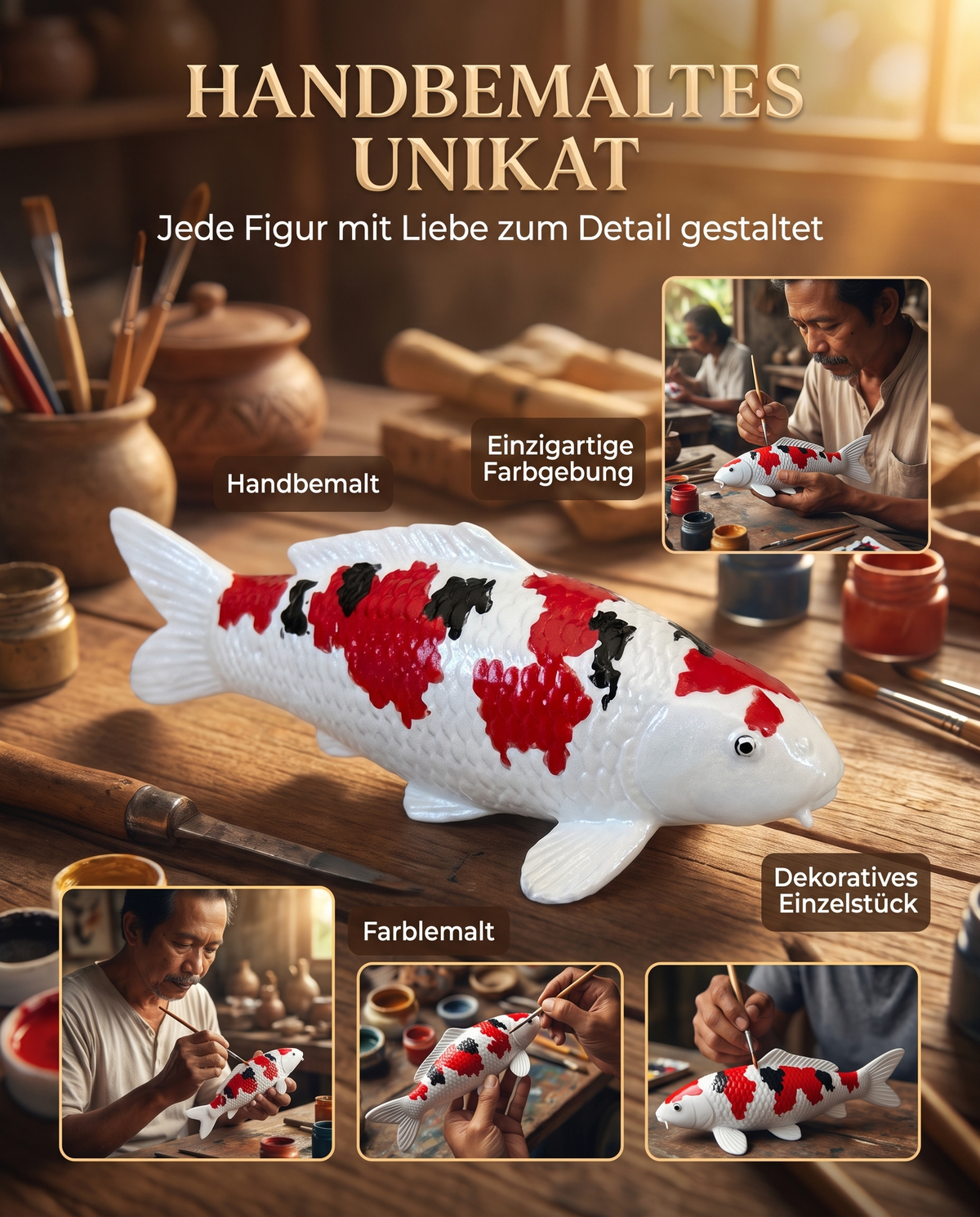 Handbemalte Koi Figur weiss rot schwarz Unikat Handarbeit Fischfigur Schuppenstruktur Farbdetails Kunsthandwerk Dekoration Einzelstueck Atelier Pinselbemalung Koi-Deko Sammlerstueck