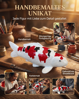 Handbemalte Koi Figur weiss rot schwarz Unikat Handarbeit Fischfigur Schuppenstruktur Farbdetails Kunsthandwerk Dekoration Einzelstueck Atelier Pinselbemalung Koi-Deko Sammlerstueck
