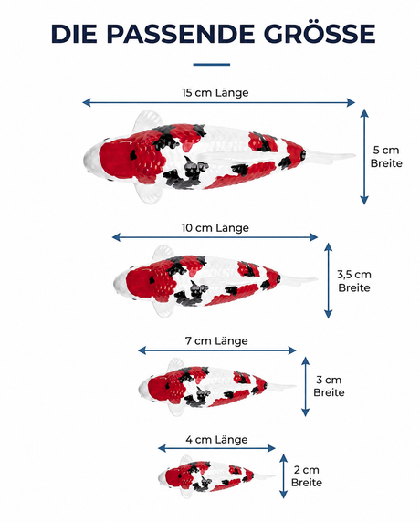 Koi Figur Groessenvergleich 15 cm 10 cm 7 cm 4 cm rot weiss schwarz handbemalt Laenge Breite Fischfigur Groessenwahl