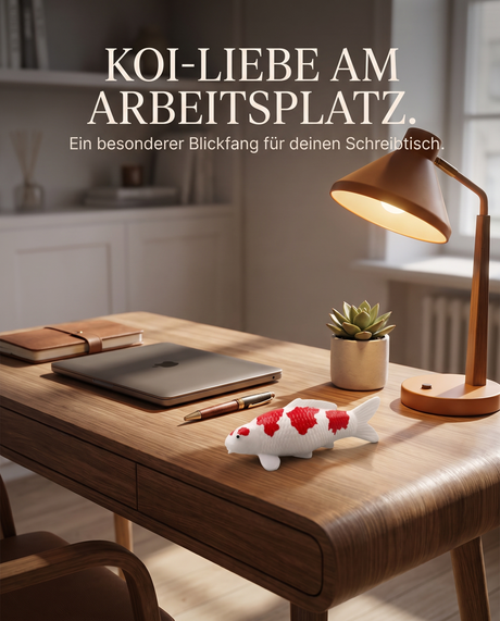 Handbemalte Koi Figur rot weiß Schreibtischdeko Arbeitsplatz Büro Holzschreibtisch Tischlampe Laptop Pflanze Fischfigur Handarbeit Unikat Wohnaccessoire Blickfang Dekoration