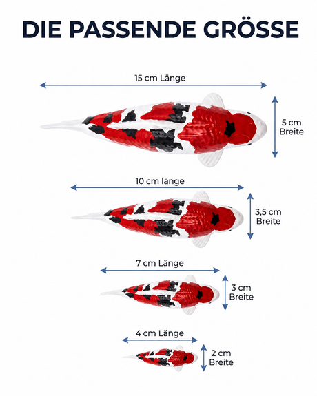 Koi Figur Größenvergleich 15 cm 10 cm 7 cm 4 cm weiß rot schwarz handbemalt Fischfigur Länge Breite