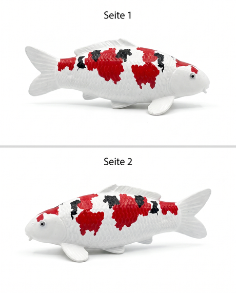 Handbemalte Koi Figur weiss rot schwarz Seitenansichten beidseitige Farbgebung Fischfigur Schuppenstruktur Flossen Handarbeit Unikat Detailansicht Dekoration Seitenprofil