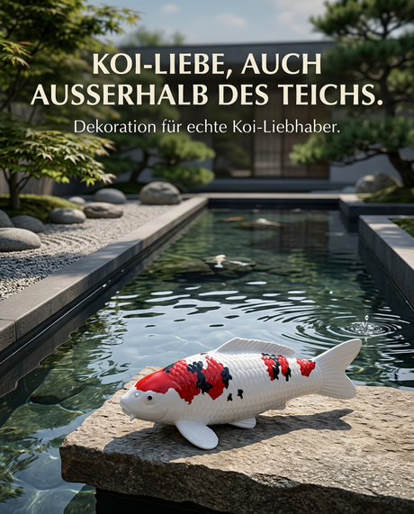 Handbemalte Koi Figur weiss rot schwarz Teichdekoration Gartendeko japanischer Garten Teichrand Fischfigur Schuppenstruktur Handarbeit Unikat Steinplatte Aussenbereich Koi-Deko