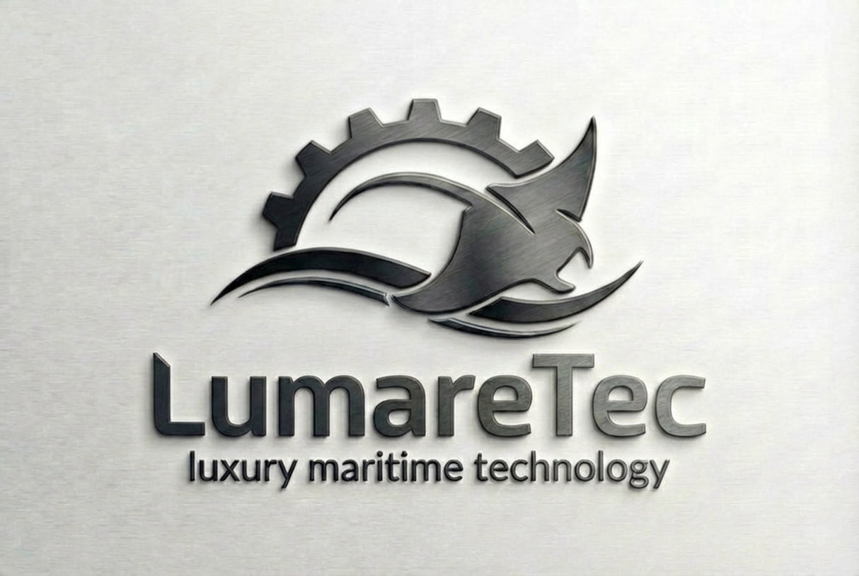 LumareTec Logo in Metall Optik mit stilisiertem Koi und Schriftzug luxury maritime technology für hochwertige Koi Teich Technik Marke
