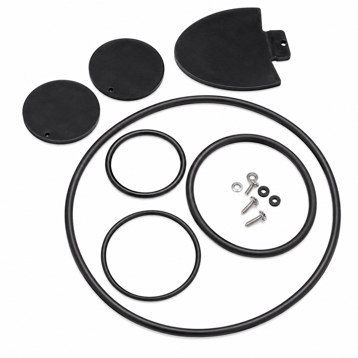 OASE Ersatz-Set Gummiteile 35398 für PondoVac 3 und 4 mit schwarzen Dichtungsringen, Gummiklappen, Schrauben und Unterlegscheiben auf weißem Hintergrund