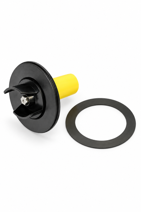 Original OASE Ersatzrotor 17965 für AquaMax Eco Premium 12000 und 16000 Teichpumpen, schwarzes Pumpenlaufrad mit gelbem Rotorteil und separat abgebildeter Dichtung auf weißem Hintergrund