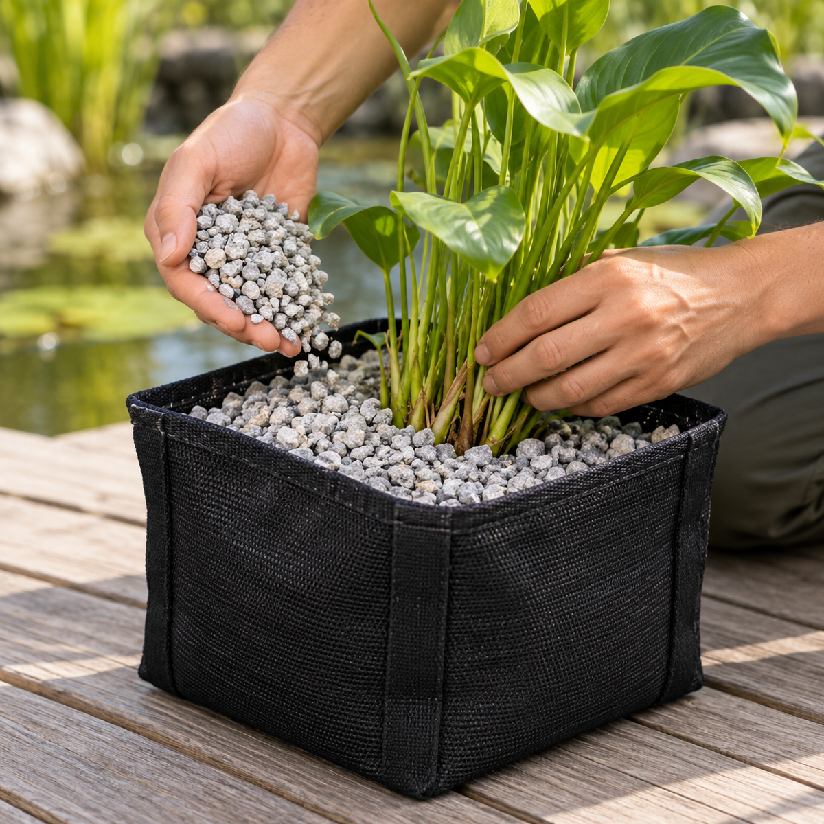 Oase Pflanzkorb Textil mit grünen Teichpflanzen und Pflanzsubstrat für Gartenteiche und Koiteiche