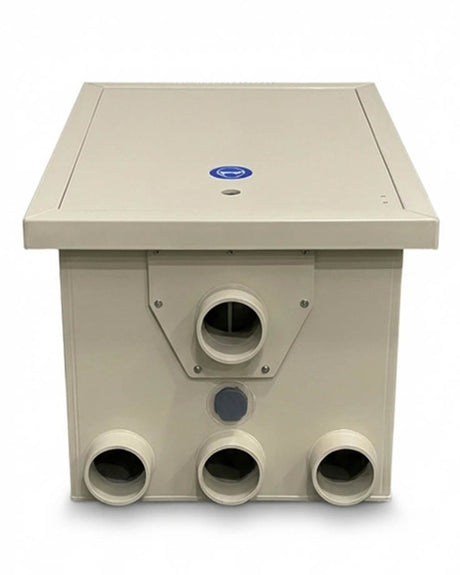 PP35 LumareTec Trommelfilter für Koi Teich Filteranlage Frontansicht mit zentralem Zulauf und drei Bodenanschlüssen