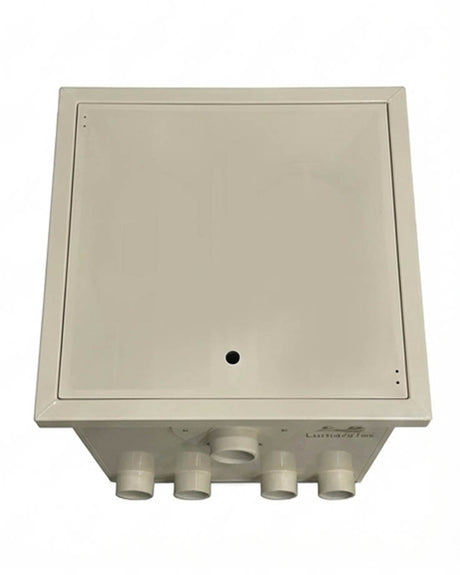 PP50B3 LumareTec Trommelfilter für Koi Teich Filteranlage Draufsicht mit geschlossenem Deckel und mehreren Anschlüssen vorne