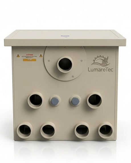 PP65B1 LumareTec Trommelfilter für Koi Teich Filteranlage Frontansicht mit mehreren Anschlüssen und hoher Durchflussleistung