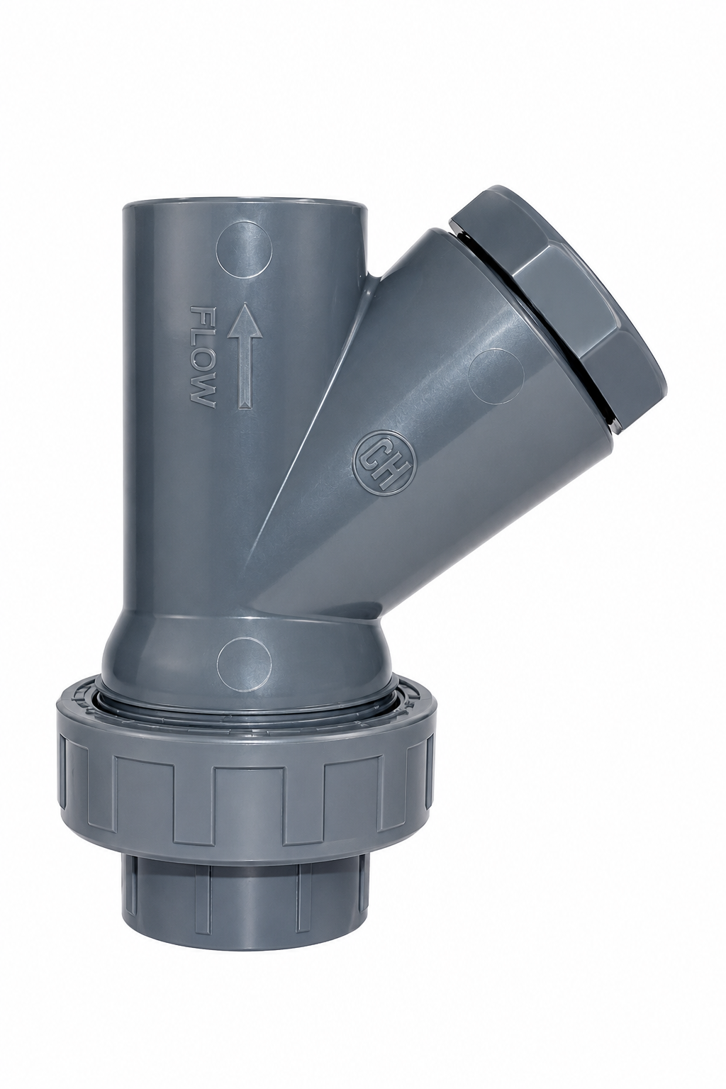 PVC-Kugelrückschlagventil in Y-Form von 32 bis 90 mm. Verhindert Wasserrückfluss in Teich- und Filtersystemen. Mit EPDM-Dichtung und PN10.