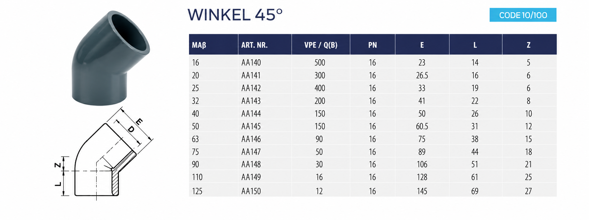 PVC Winkel 45° PN 16 Varianten 