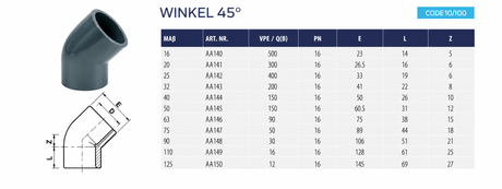 PVC Winkel 45° PN 16 Varianten 