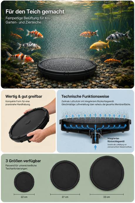 EPDM Belüfterteller, Teichbelüfter, Koiteich, Feinperlenbelüftung, Mikroblasen, Rückschlagventil, Sauerstoffeintrag, Wasserzirkulation, Membranbelüfter, Teichtechnik, Gartenteich, Größen 22 cm 27 cm 33 cm
