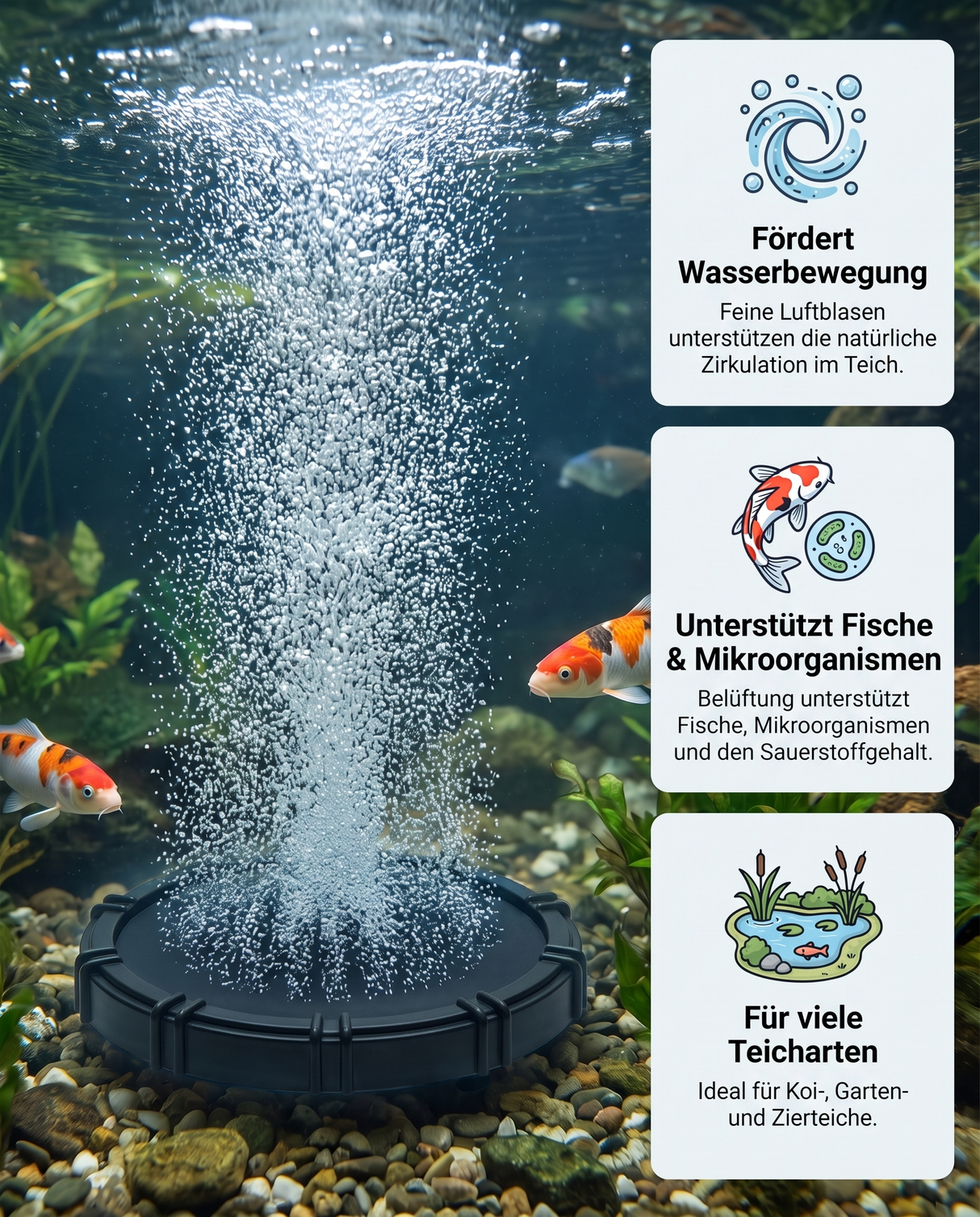 EPDM Teichbelüfter Koiteich feinperligen Luftblasen Sauerstoffversorgung, Wasserzirkulation, Koi, Mikroorganismen, Gartenteich Zierteich.