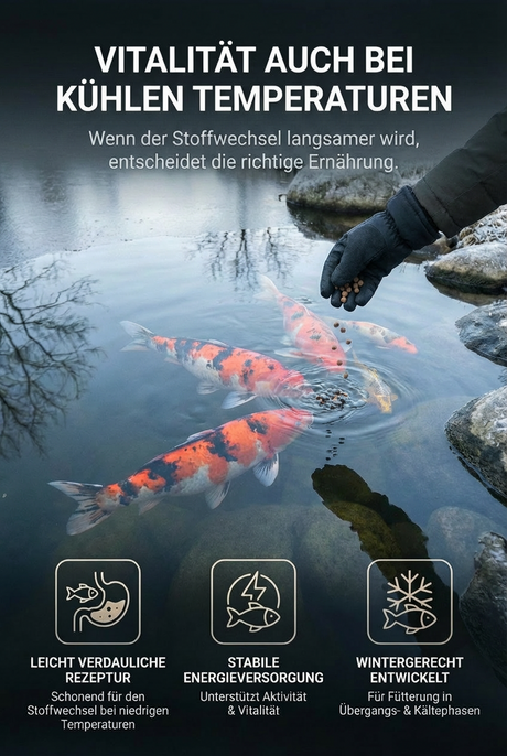 Koi Fütterung im Winter bei kalten Temperaturen für stabile Energie und gesunde Vitalität