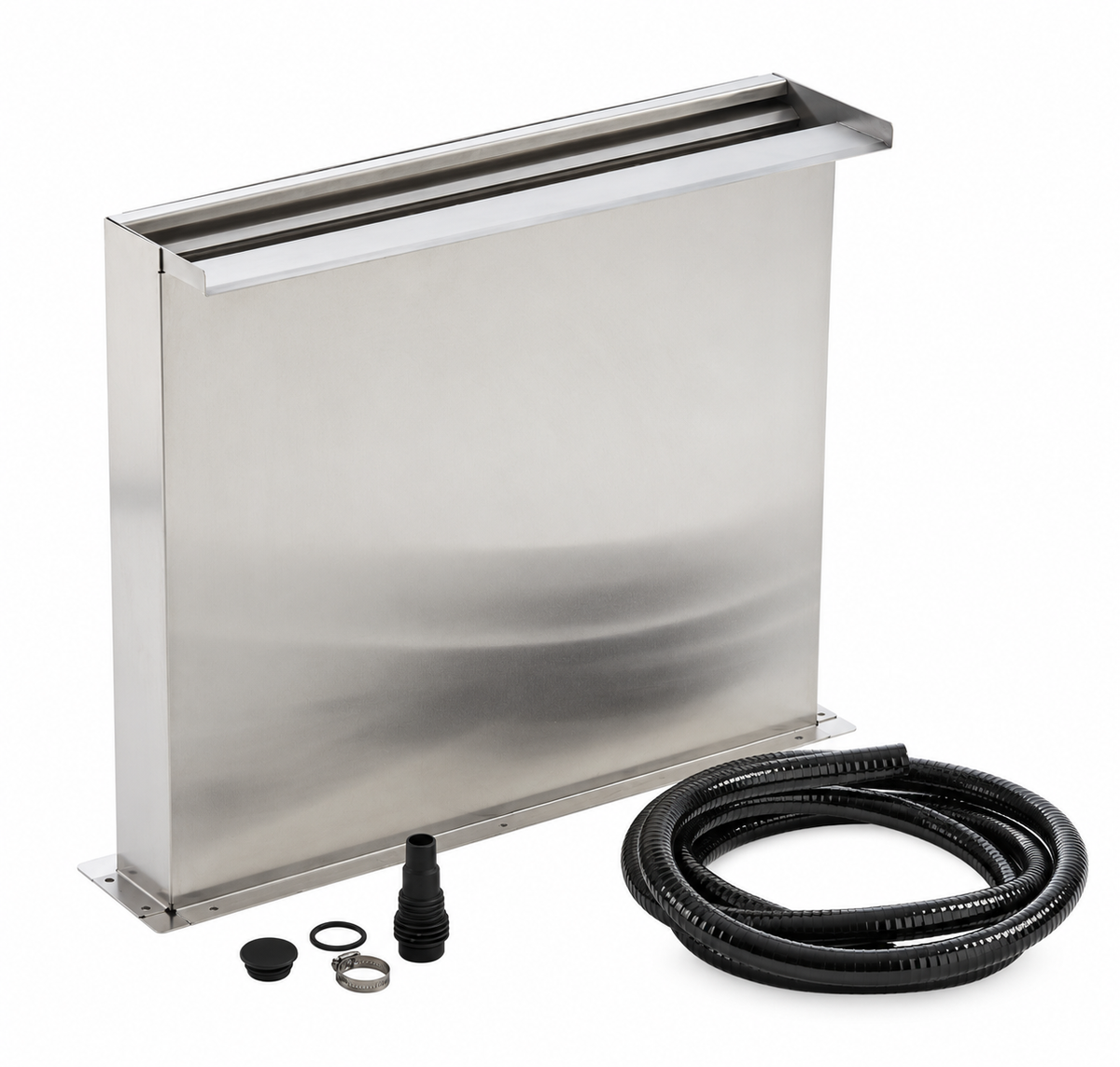 OASE Waterfall Kit 60 aus Edelstahl mit schwarzem Schlauch und Anschlusszubehör auf weißem Hintergrund