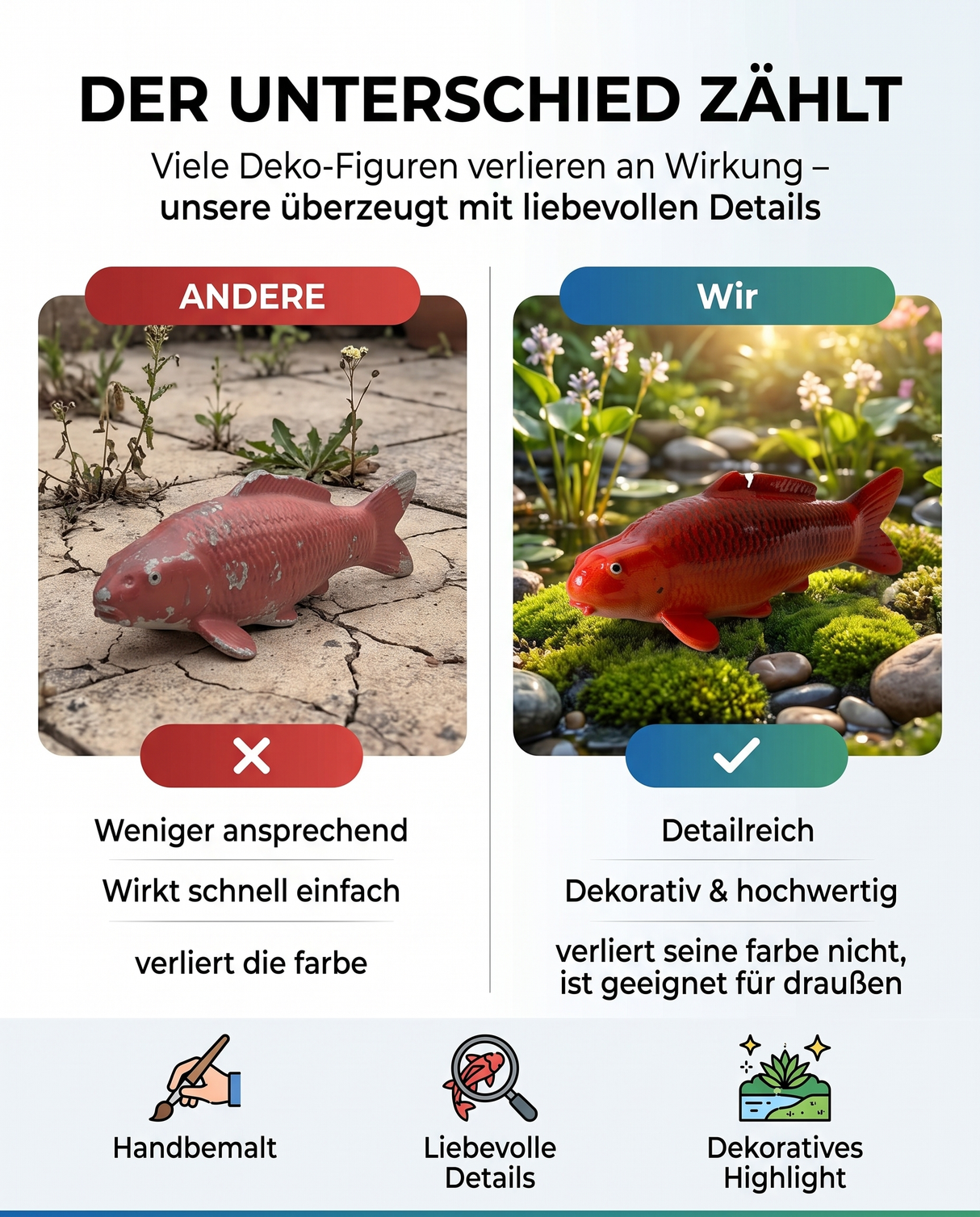Vergleich einer einfachen Fischfigur mit einer detailreichen Aka Bekko Karpfen-Figur als besondere Deko für Garten und Teichbereich
