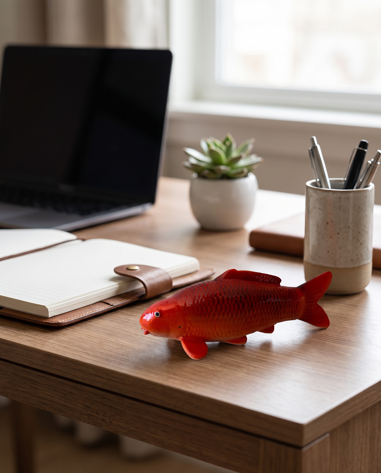 Rote Aka Bekko Fischfigur als besondere Schreibtischdeko neben Laptop, Notizbuch und Schreibutensilien
