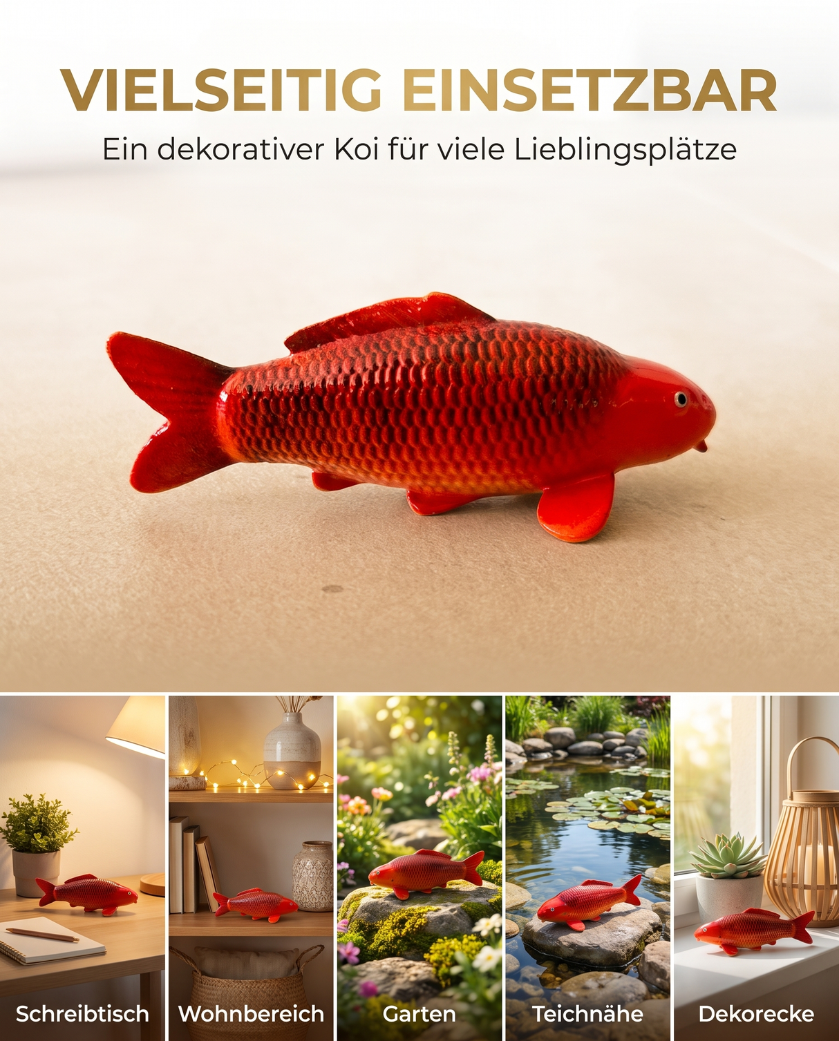 Rote Aka Bekko Fischfigur als vielseitige Dekoration für Schreibtisch, Wohnbereich, Garten, Teichnähe und Dekoecke