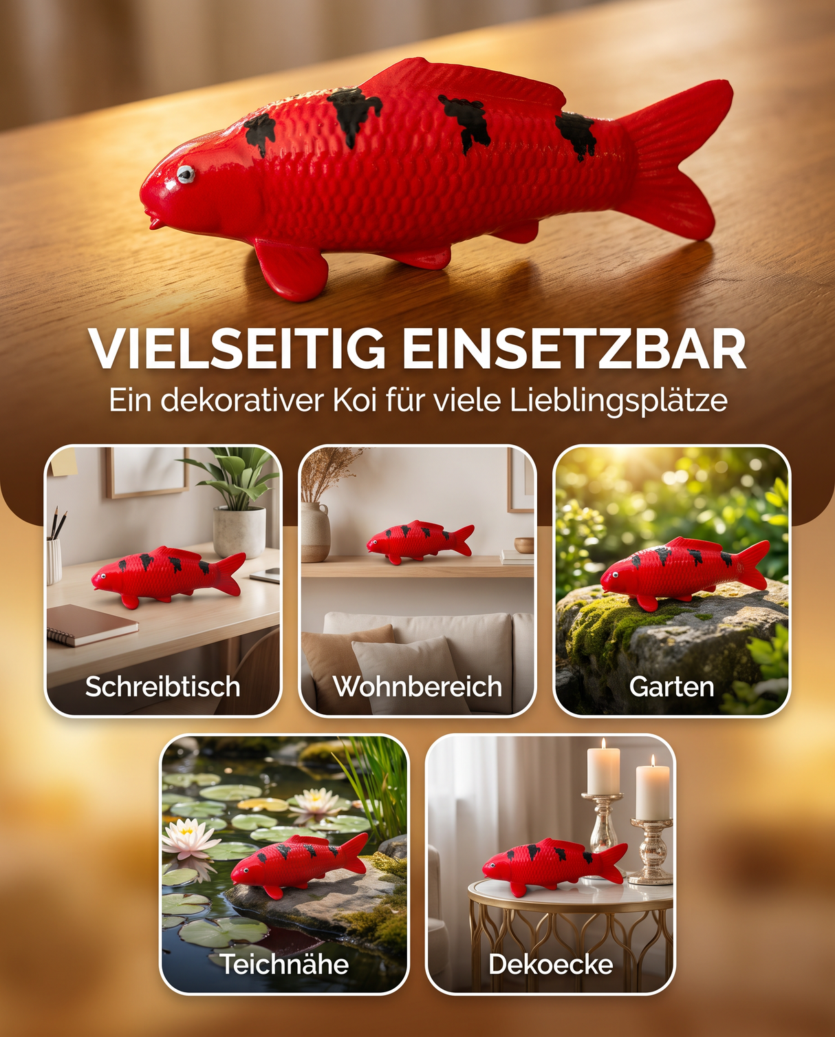 Rote Aka Bekko Koi-Figur mit schwarzen Zeichnungen als besondere Deko für Schreibtisch, Wohnbereich, Garten und Teichnähe