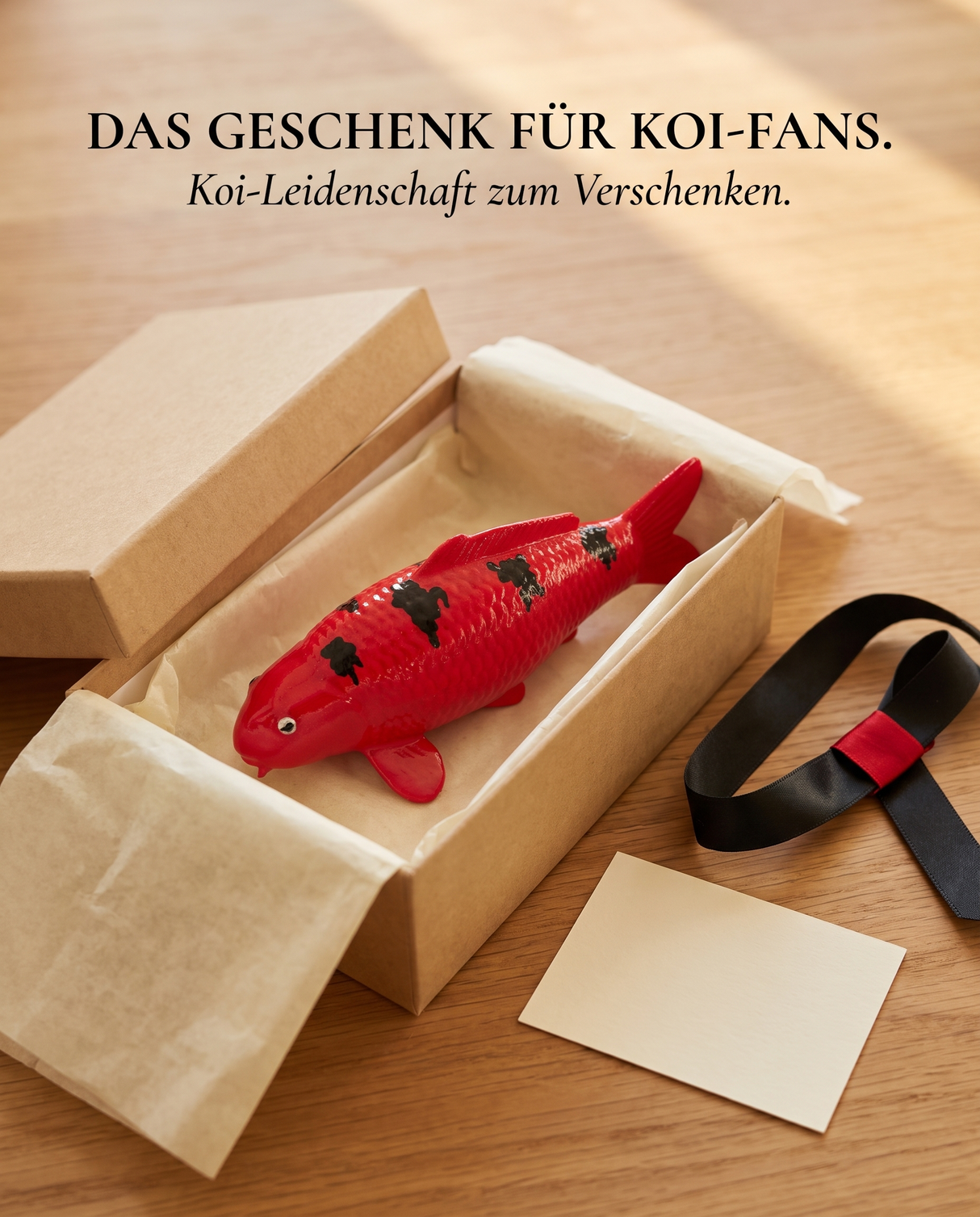 Rote Aka Bekko Koi-Figur mit Geschenkverpackung als besondere Geschenkidee für Koi-Fans und Teichliebhaber
