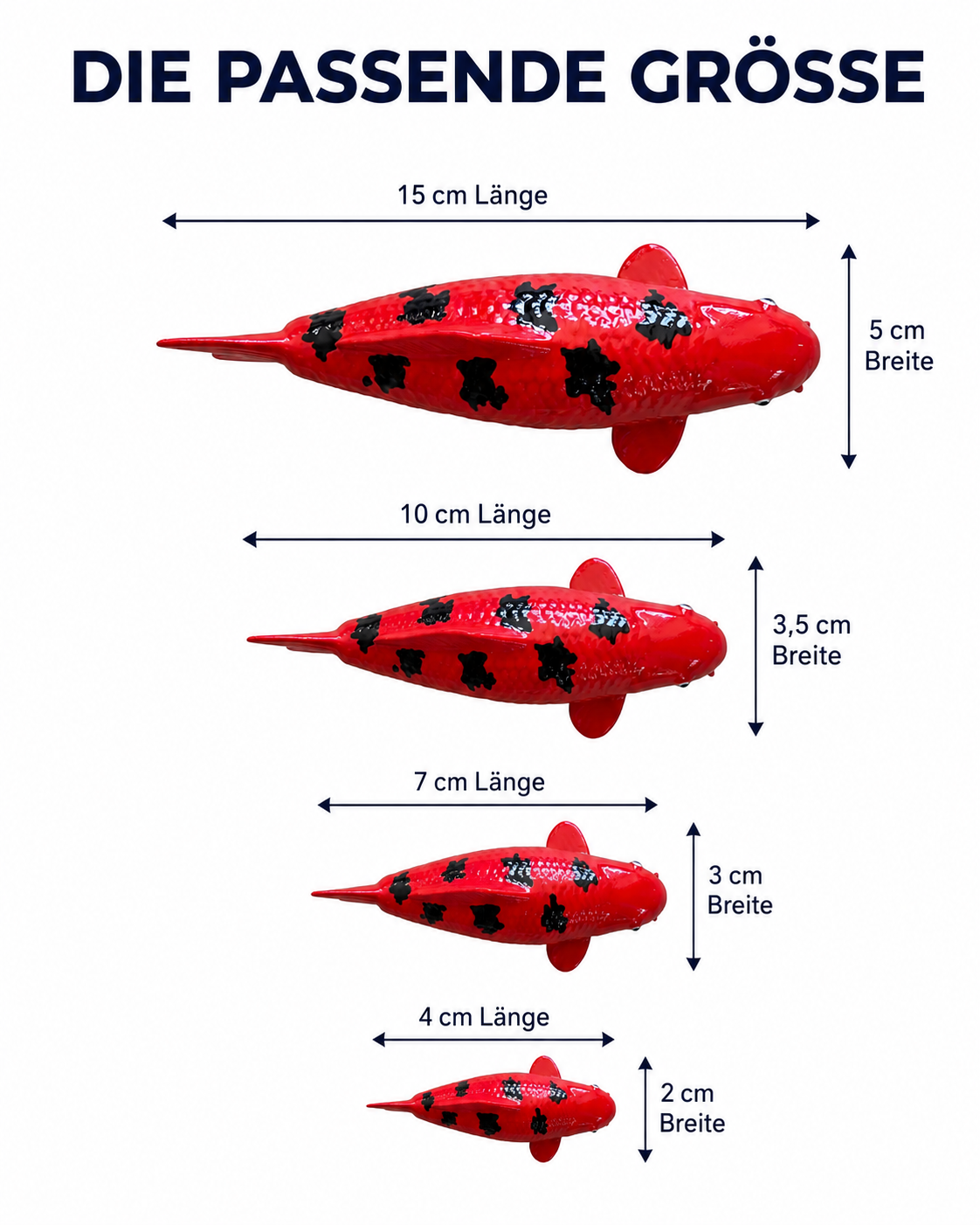 Größenvergleich der Aka Bekko Koi-Figur in Rot und Schwarz mit Varianten von 4 bis 15 cm Länge