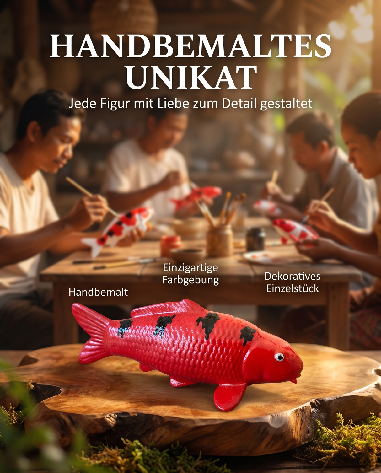 Handbemalte Aka Bekko Koi-Figur in Rot und Schwarz – dekoratives Unikat und besondere Japan-Deko für Koi-Fans