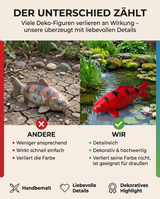 Qualitätsvergleich einer einfachen Koi-Dekofigur mit einer detailreichen Aka Bekko Koi-Figur in kräftigem Rot mit schwarzen Zeichnungen