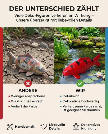 Qualitätsvergleich einer einfachen Koi-Dekofigur mit einer detailreichen Aka Bekko Koi-Figur in kräftigem Rot mit schwarzen Zeichnungen