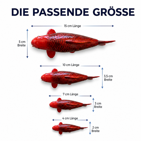 Aka Matsuba Koi-Figur in 15, 10, 7 und 4 cm als Größenübersicht – handbemalte Karpfen-Figur und besondere Japan-Deko für Wohnbereich, Schreibtisch, Regal, Terrasse oder Teichbereich