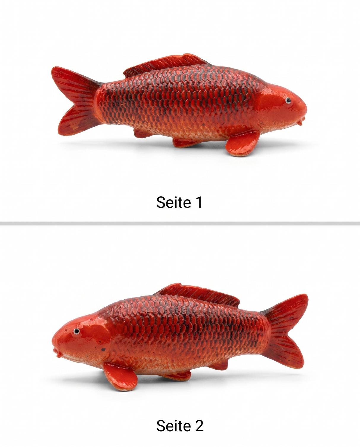 Aka Matsuba Koi-Figur als handbemalte Fischfigur mit Produktansicht von Seite 1 und Seite 2, dekorative Japan-Deko für Wohnbereich, Regal, Schreibtisch, Terrasse oder Garten