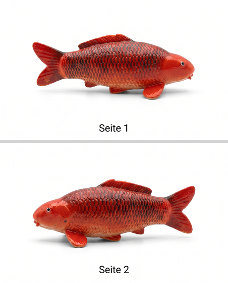 Aka Matsuba Koi-Figur als handbemalte Fischfigur mit Produktansicht von Seite 1 und Seite 2, dekorative Japan-Deko für Wohnbereich, Regal, Schreibtisch, Terrasse oder Garten