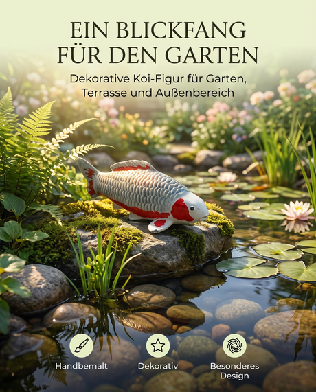 Handbemalte Asagi Koi-Figur als dekorativer Blickfang im Garten am Teich zwischen Pflanzen und Natursteinen Wintergarten Garten Teichrand Deko 