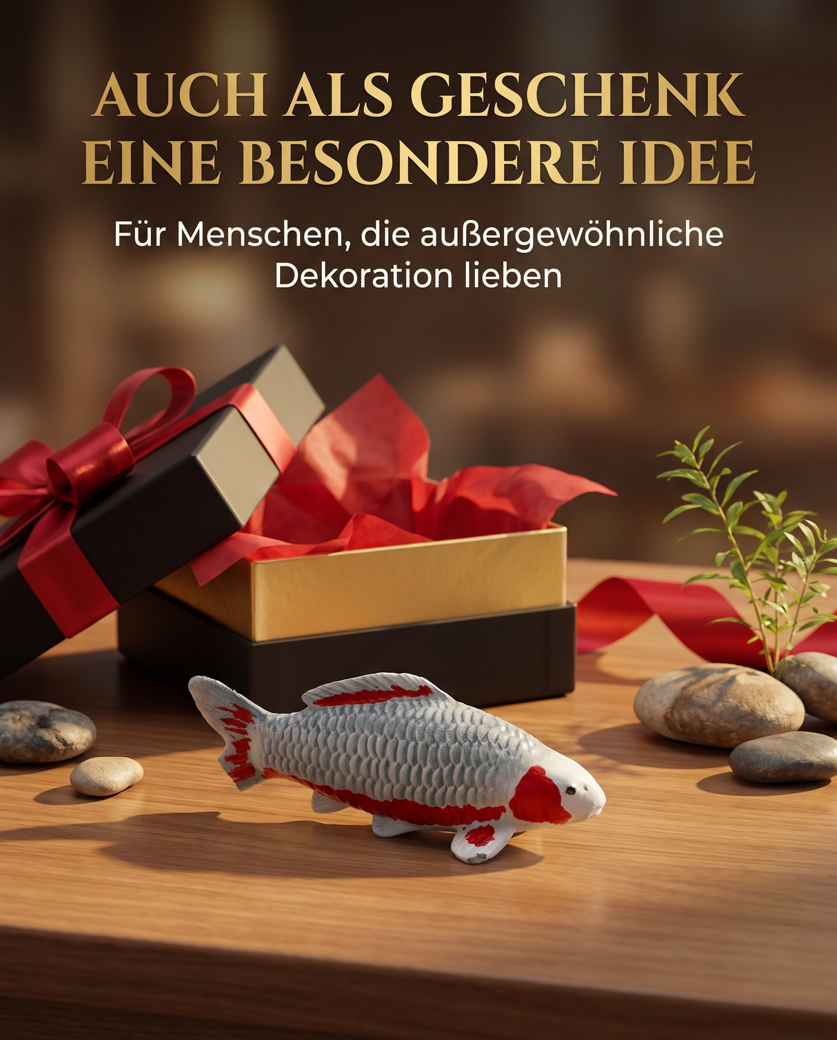 Handbemalte Asagi Koi-Figur als besondere Geschenkidee neben einer eleganten Geschenkbox mit roter Schleife besondere Figur Deko Karpfen Figur Dekoliebhaber Koi Liebhaber
