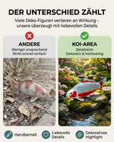 Qualitätsvergleich einer einfachen Koi-Dekofigur mit einer detailreichen handbemalten Asagi Koi-Figur von Koi-Area 