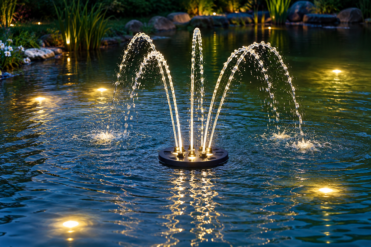 Schwimmendes OASE Water Starlet mit beleuchteten Fontänen auf einer Teichoberfläche