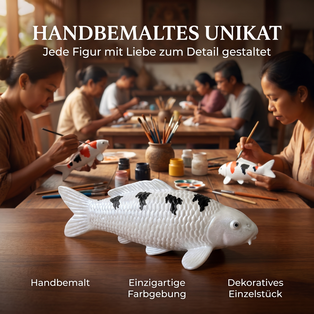 Handbemalte Bekko Koi-Figur als dekoratives Unikat mit schwarz-weißer Zeichnung – besondere Fischfigur und Japan-Deko für Wohnbereich, Eingangsbereich oder als Geschenkidee.
