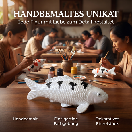 Handbemalte Bekko Koi-Figur als dekoratives Unikat mit schwarz-weißer Zeichnung – besondere Fischfigur und Japan-Deko für Wohnbereich, Eingangsbereich oder als Geschenkidee.
