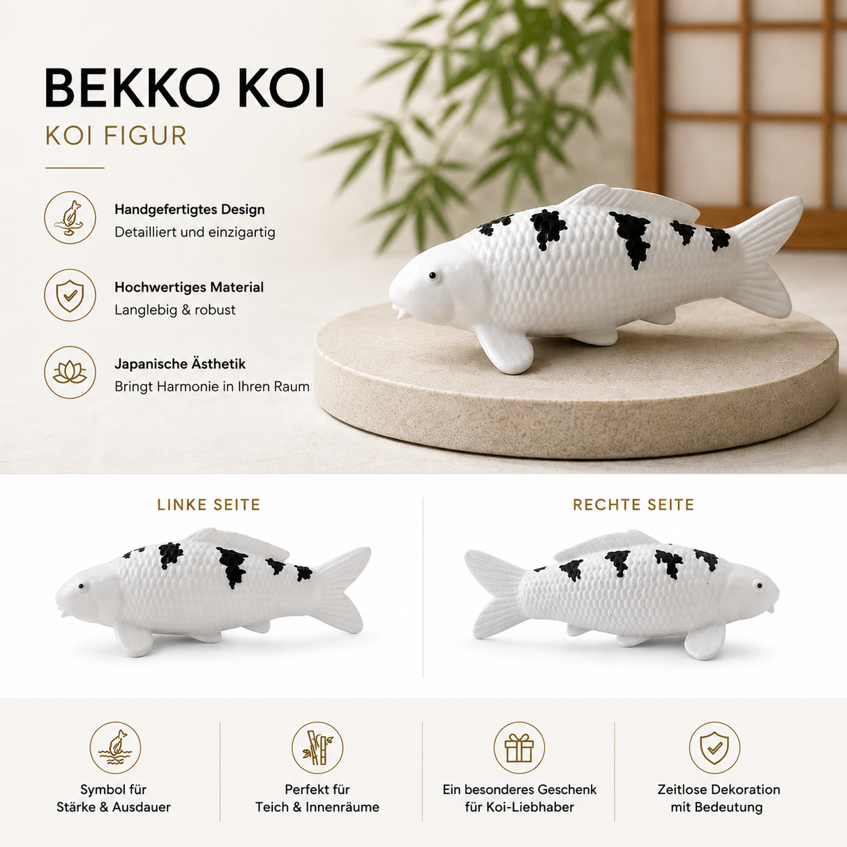 Bekko Fischfigur als vielseitige Deko für Wohnbereich, Regal, Eingangsbereich, Garten und Teichnähe
